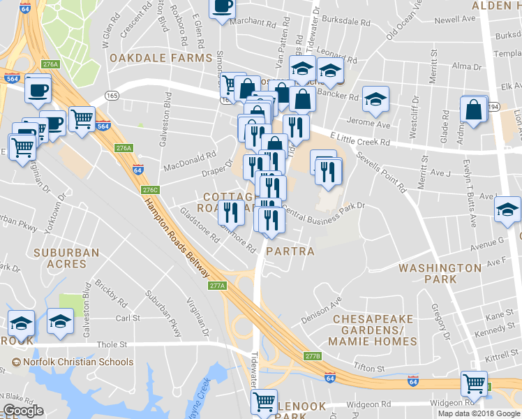 map of restaurants, bars, coffee shops, grocery stores, and more near 7478 Wellington Road in Norfolk