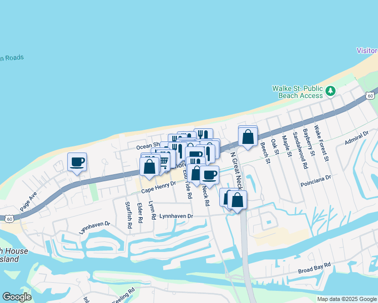 map of restaurants, bars, coffee shops, grocery stores, and more near 2303 Sandollar Court in Virginia Beach