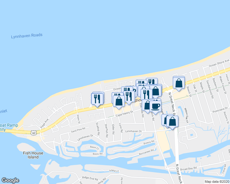 map of restaurants, bars, coffee shops, grocery stores, and more near 2329 Sea Shell Road in Virginia Beach