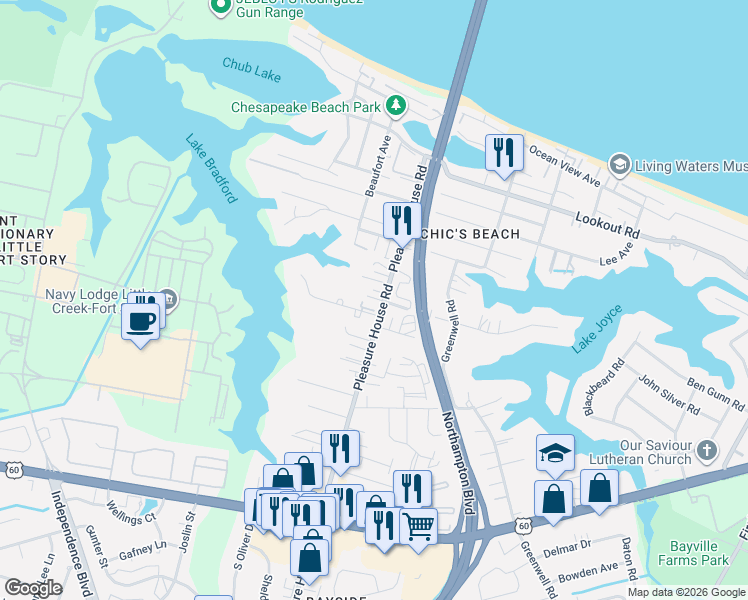 map of restaurants, bars, coffee shops, grocery stores, and more near 2429 Tranquility Lane in Virginia Beach