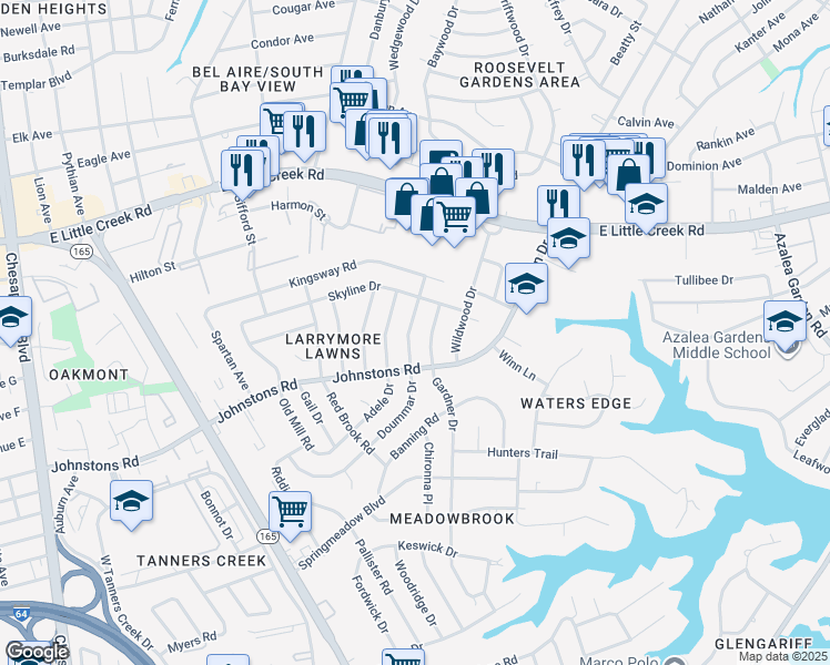 map of restaurants, bars, coffee shops, grocery stores, and more near 7421 Gardner Drive in Norfolk