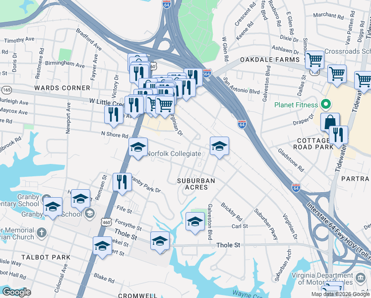 map of restaurants, bars, coffee shops, grocery stores, and more near 7417 Yorktown Drive in Norfolk