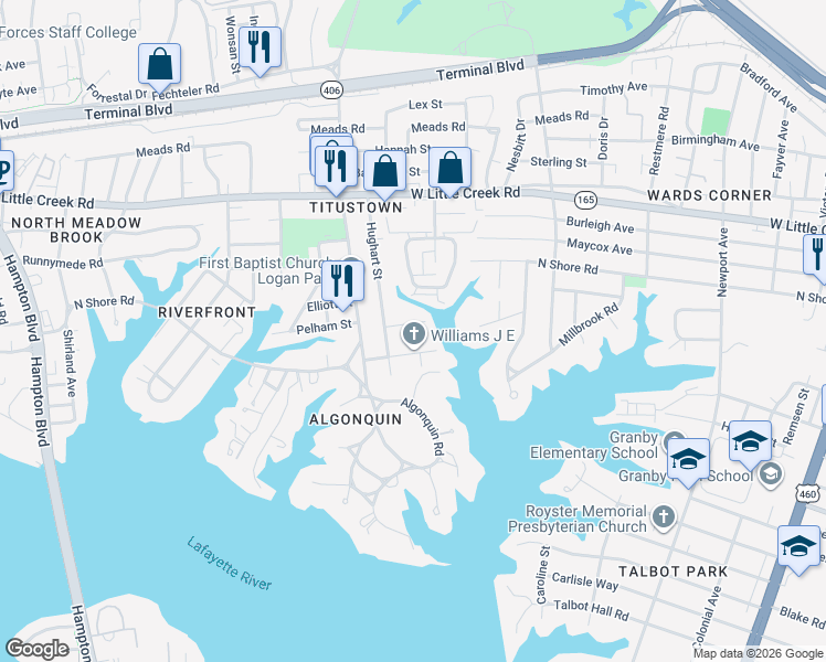 map of restaurants, bars, coffee shops, grocery stores, and more near 1035 Willingham Street in Norfolk