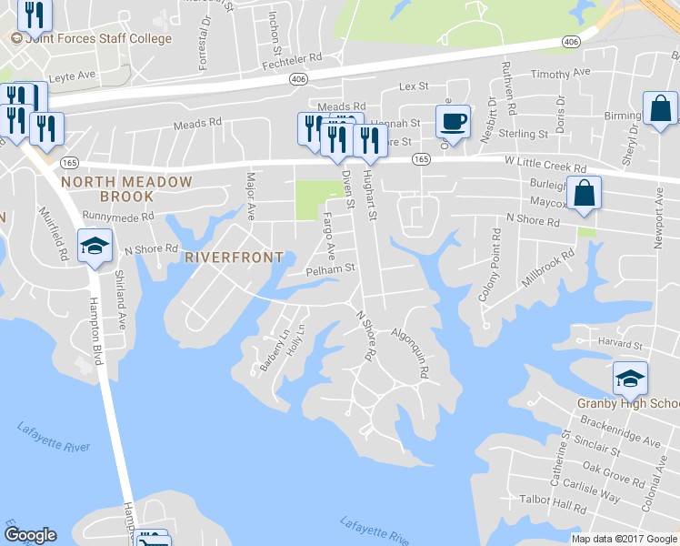 map of restaurants, bars, coffee shops, grocery stores, and more near 1121 Pelham Street in Norfolk