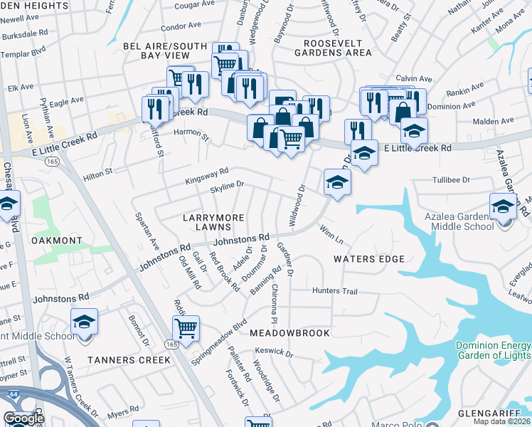 map of restaurants, bars, coffee shops, grocery stores, and more near 7421 Gardner Drive in Norfolk