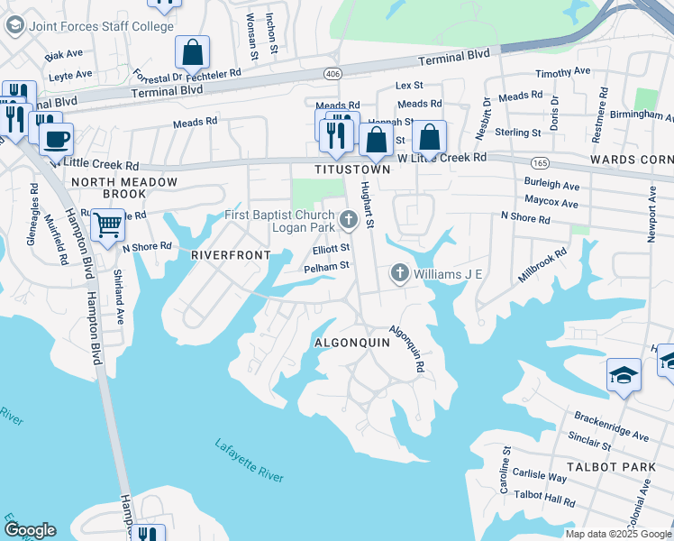 map of restaurants, bars, coffee shops, grocery stores, and more near 1121 Pelham Street in Norfolk