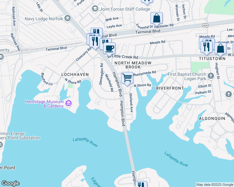map of restaurants, bars, coffee shops, grocery stores, and more near 7409 Gleneagles Road in Norfolk