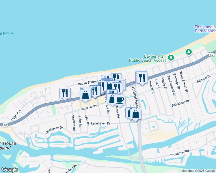 map of restaurants, bars, coffee shops, grocery stores, and more near 2303 Sandollar Court in Virginia Beach