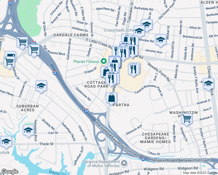 map of restaurants, bars, coffee shops, grocery stores, and more near 7478 Wellington Road in Norfolk