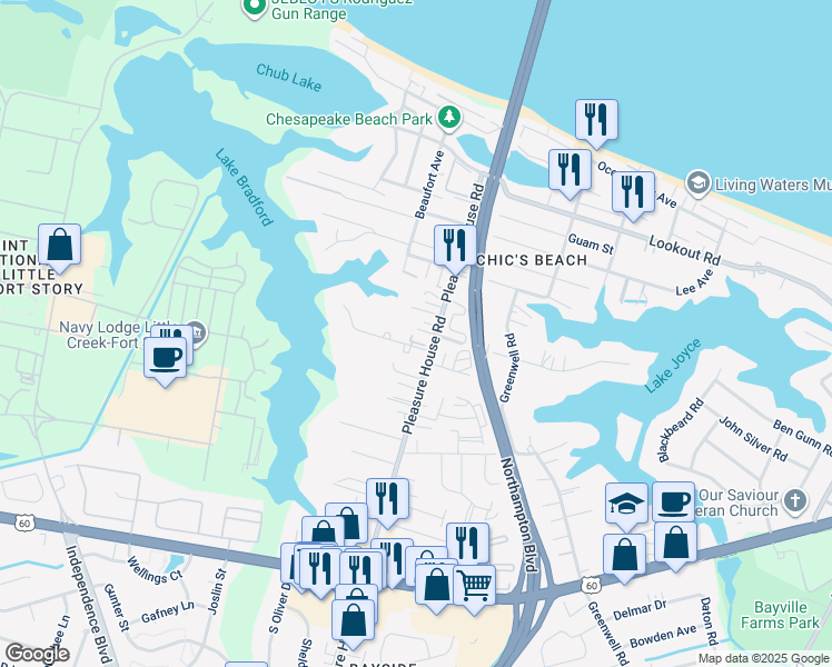 map of restaurants, bars, coffee shops, grocery stores, and more near 4825 Bay Winds Court in Virginia Beach