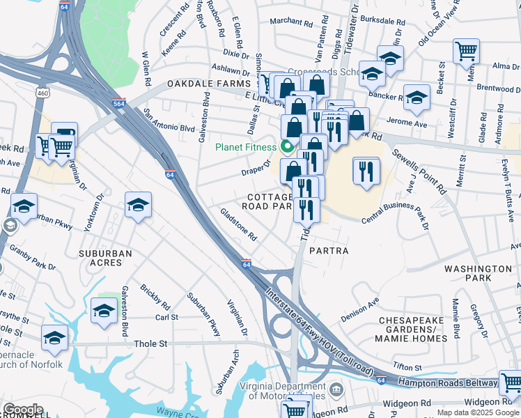 map of restaurants, bars, coffee shops, grocery stores, and more near 505 Astor Circle in Norfolk
