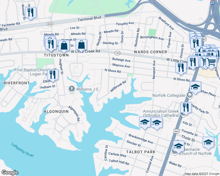 map of restaurants, bars, coffee shops, grocery stores, and more near 7334 Ruthven Road in Norfolk