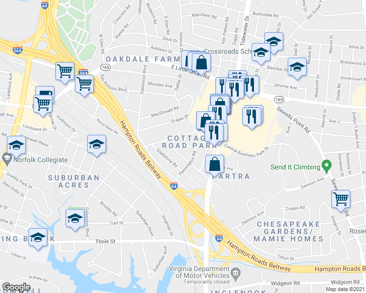 map of restaurants, bars, coffee shops, grocery stores, and more near 505 Astor Circle in Norfolk