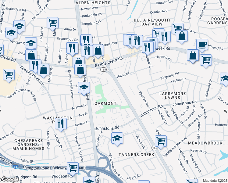 map of restaurants, bars, coffee shops, grocery stores, and more near 7443 Oakmont Drive in Norfolk