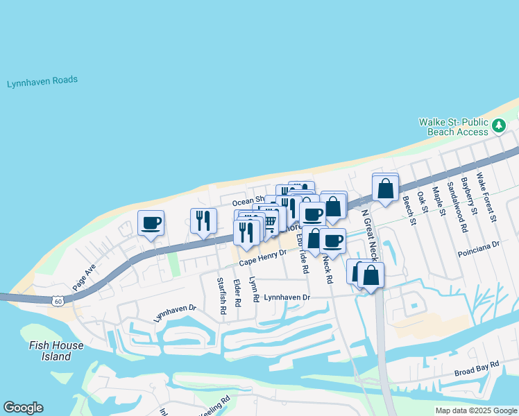 map of restaurants, bars, coffee shops, grocery stores, and more near 2300 Merry Oaks Court in Virginia Beach