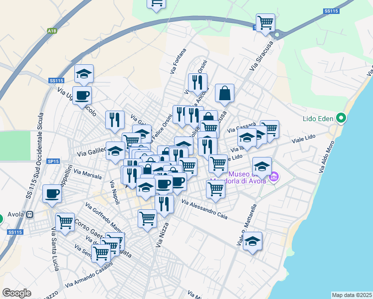 map of restaurants, bars, coffee shops, grocery stores, and more near 88 Via Olindo Guerrini in Avola