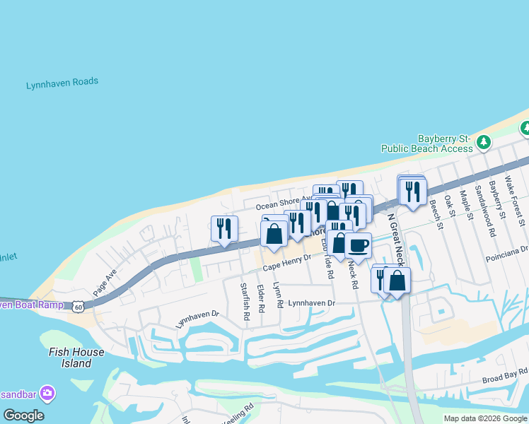 map of restaurants, bars, coffee shops, grocery stores, and more near 2329 Sea Shell Road in Virginia Beach