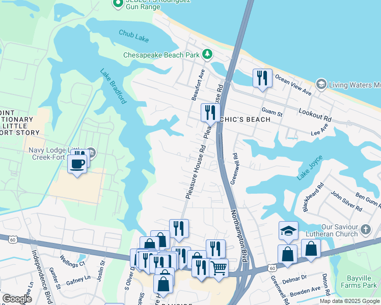 map of restaurants, bars, coffee shops, grocery stores, and more near 4827 Bay Winds Court in Virginia Beach