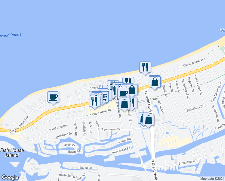 map of restaurants, bars, coffee shops, grocery stores, and more near 2905 Odin Place in Virginia Beach