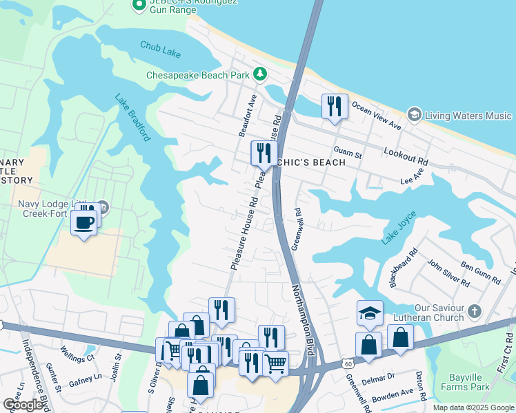 map of restaurants, bars, coffee shops, grocery stores, and more near 2429 Tranquility Lane in Virginia Beach