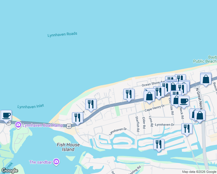 map of restaurants, bars, coffee shops, grocery stores, and more near 2329 Shore Sands Court in Virginia Beach