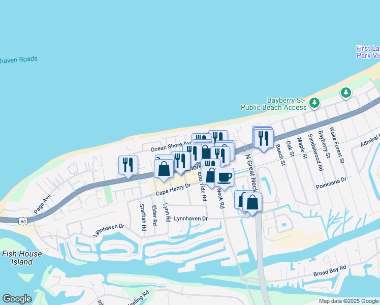 map of restaurants, bars, coffee shops, grocery stores, and more near 2910 Bente Way in Virginia Beach