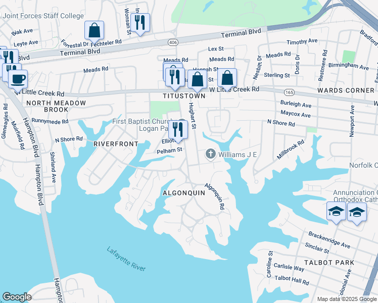 map of restaurants, bars, coffee shops, grocery stores, and more near 7454 Diven Street in Norfolk