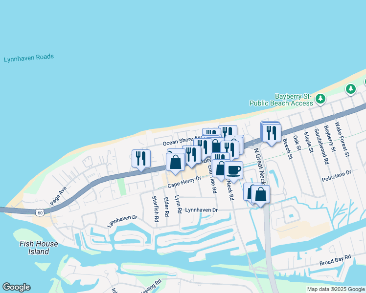 map of restaurants, bars, coffee shops, grocery stores, and more near 2306 Merry Oaks Court in Virginia Beach