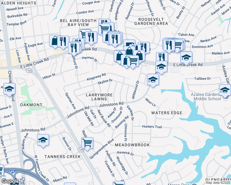 map of restaurants, bars, coffee shops, grocery stores, and more near 7420 Adele Drive in Norfolk