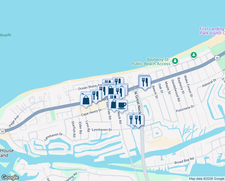 map of restaurants, bars, coffee shops, grocery stores, and more near 2876 Shore Drive in Virginia Beach