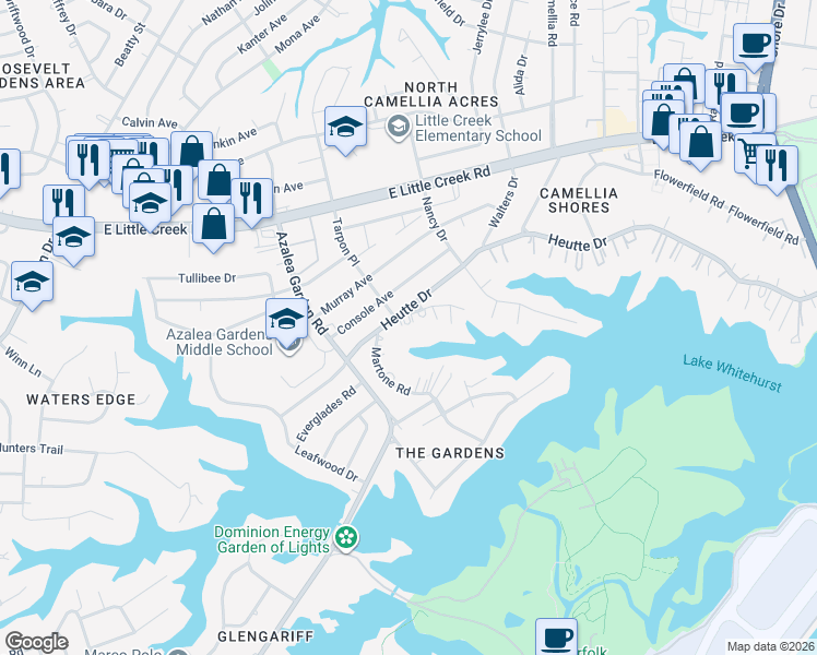 map of restaurants, bars, coffee shops, grocery stores, and more near 2543 Heutte Drive in Norfolk