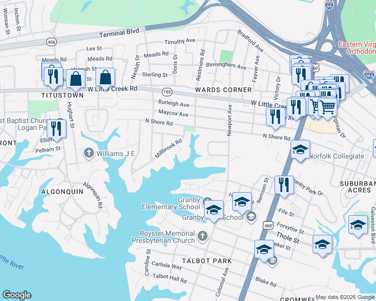 map of restaurants, bars, coffee shops, grocery stores, and more near 7440 Decreny Cir in Norfolk