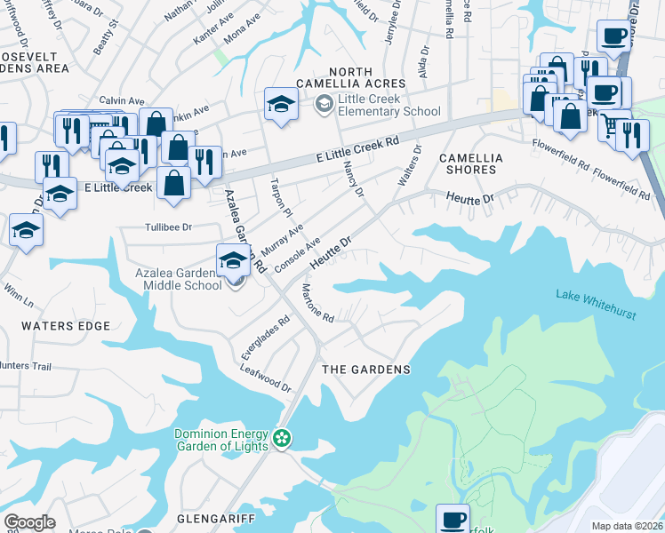 map of restaurants, bars, coffee shops, grocery stores, and more near 2543 Heutte Drive in Norfolk