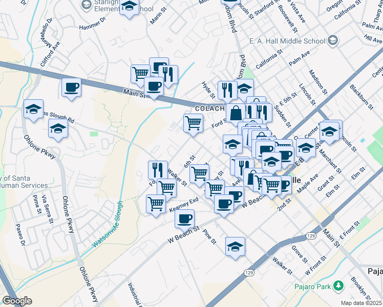 map of restaurants, bars, coffee shops, grocery stores, and more near 122 6th Street in Watsonville
