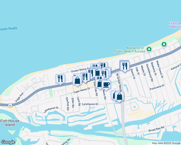 map of restaurants, bars, coffee shops, grocery stores, and more near 2901 Odin Place in Virginia Beach