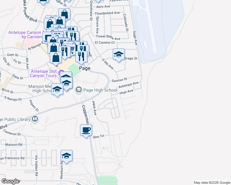 map of restaurants, bars, coffee shops, grocery stores, and more near 101 Antelope Avenue in Page
