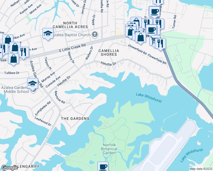 map of restaurants, bars, coffee shops, grocery stores, and more near 7603 Nancy Drive in Norfolk