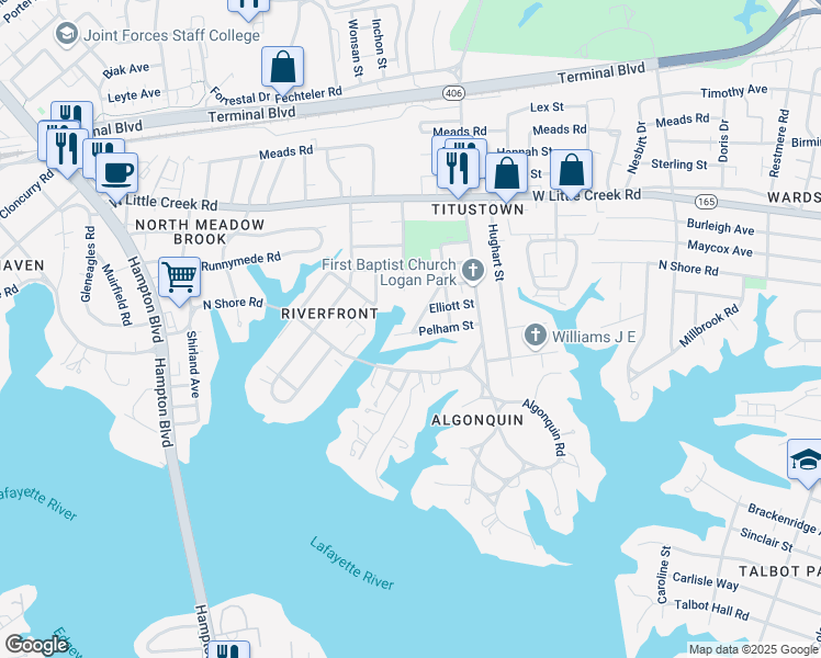 map of restaurants, bars, coffee shops, grocery stores, and more near 7431 Dakota Street in Norfolk