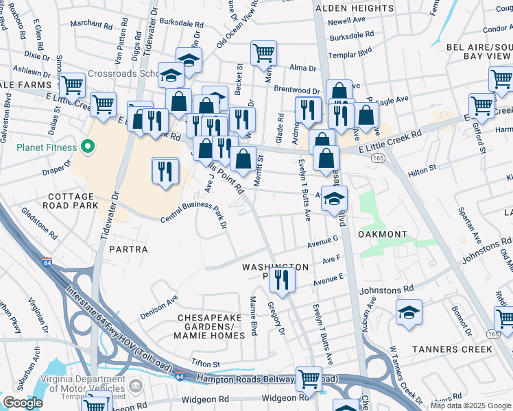map of restaurants, bars, coffee shops, grocery stores, and more near 7514 Sewells Point Road in Norfolk