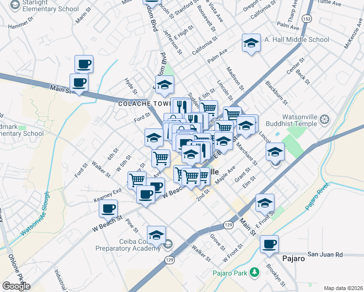 map of restaurants, bars, coffee shops, grocery stores, and more near 11 East Lake Avenue in Watsonville