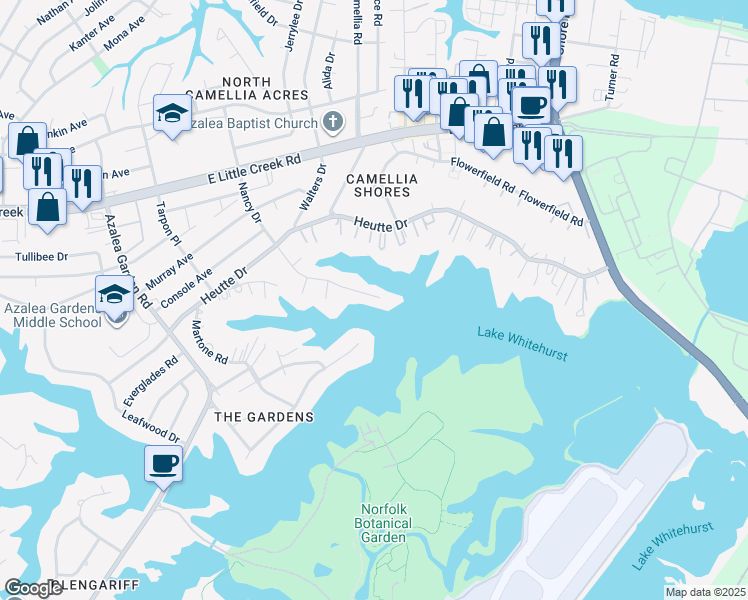 map of restaurants, bars, coffee shops, grocery stores, and more near 7603 Nancy Drive in Norfolk