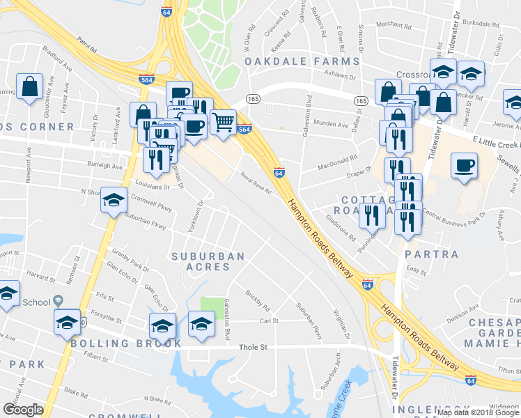 map of restaurants, bars, coffee shops, grocery stores, and more near 301 Naval Base Road in Norfolk