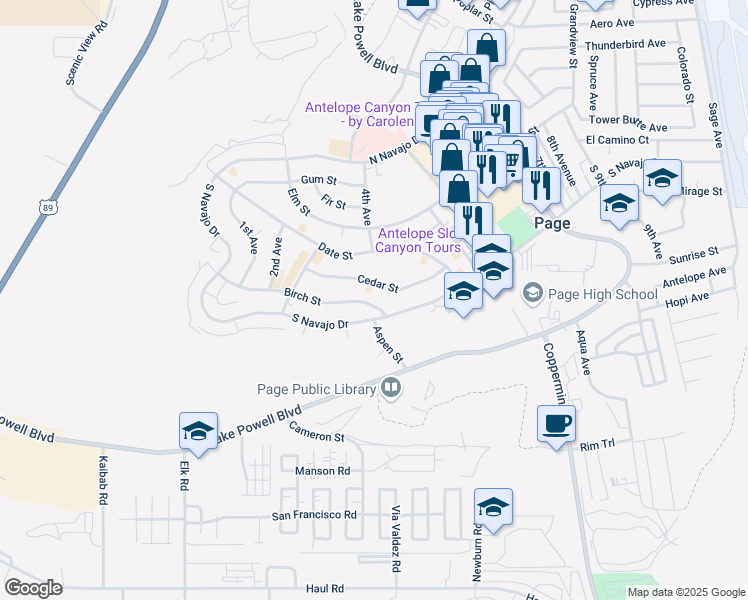 map of restaurants, bars, coffee shops, grocery stores, and more near 367 Birch Street in Page