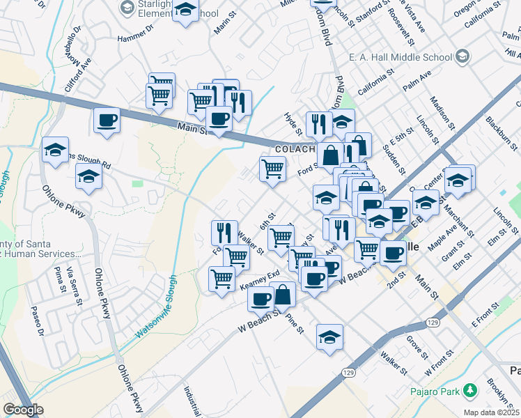 map of restaurants, bars, coffee shops, grocery stores, and more near 236 Ford Street in Watsonville
