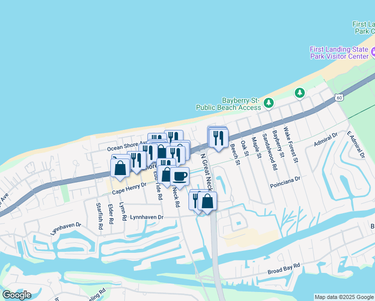 map of restaurants, bars, coffee shops, grocery stores, and more near in Virginia Beach