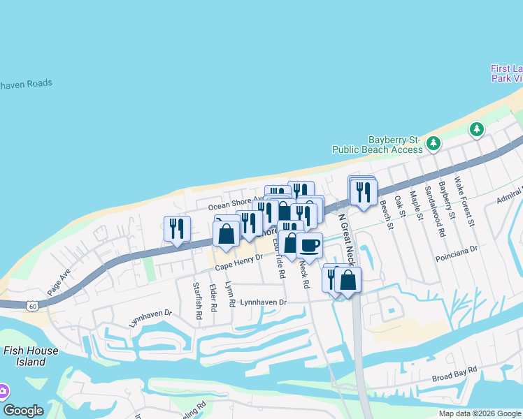 map of restaurants, bars, coffee shops, grocery stores, and more near 2329 Red Tide Road in Virginia Beach