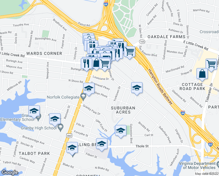 map of restaurants, bars, coffee shops, grocery stores, and more near 110 Suburban Parkway in Norfolk