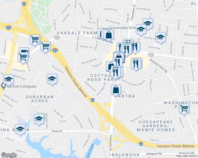 map of restaurants, bars, coffee shops, grocery stores, and more near 501 Astor Circle in Norfolk