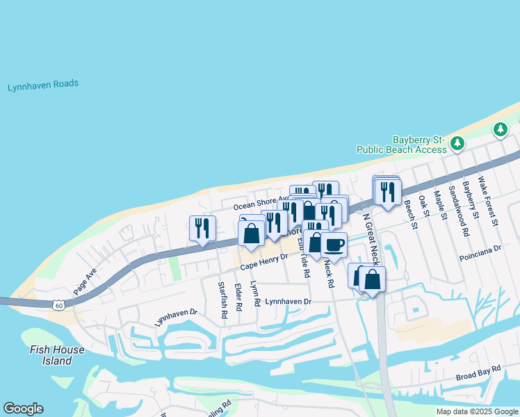 map of restaurants, bars, coffee shops, grocery stores, and more near 2306 Merry Oaks Court in Virginia Beach
