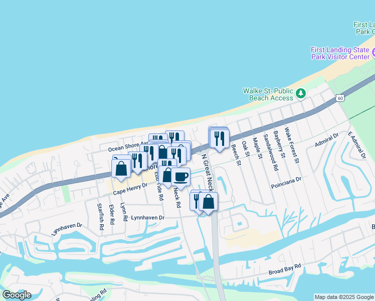 map of restaurants, bars, coffee shops, grocery stores, and more near 2992 Shore Drive in Virginia Beach